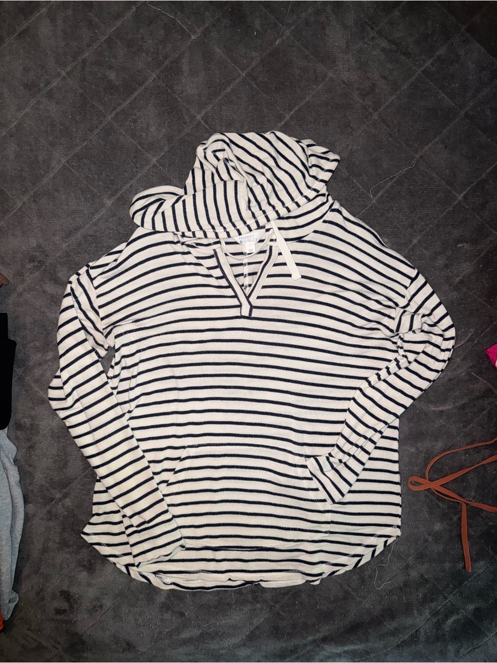 Market & Spruce White and Black Striped Hooded Pullover